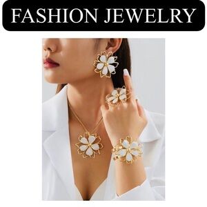 JEWELRY SET: 4Pc White/Gold Lotus Flower Ring, Bracelet, Earrings, & Necklace